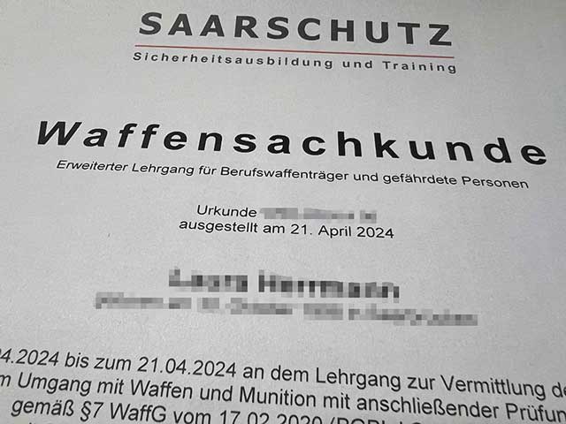 Urkunde Waffensachkunde Saarland